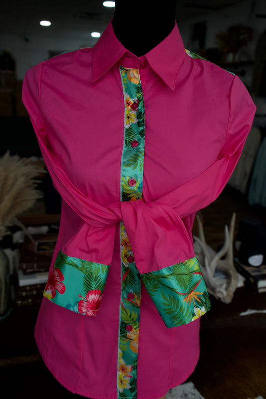 S - Jasmine on Hot Pink Cotton Button Down
