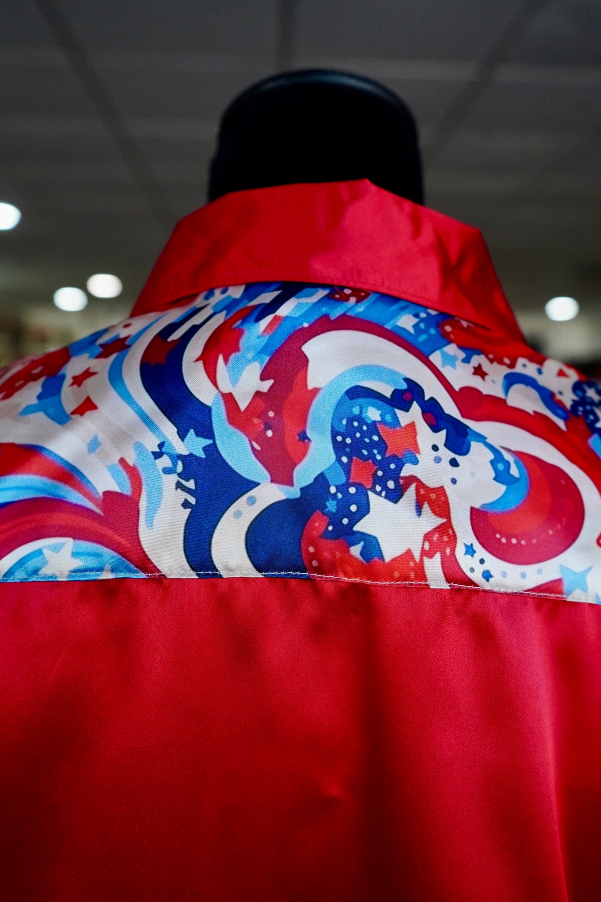 M - Vintage Patriotic on Red Satin Button Down