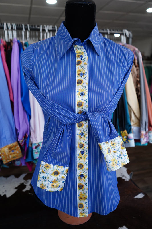 S - Mini Sunflowers on Denim Stripe Cotton Button Down