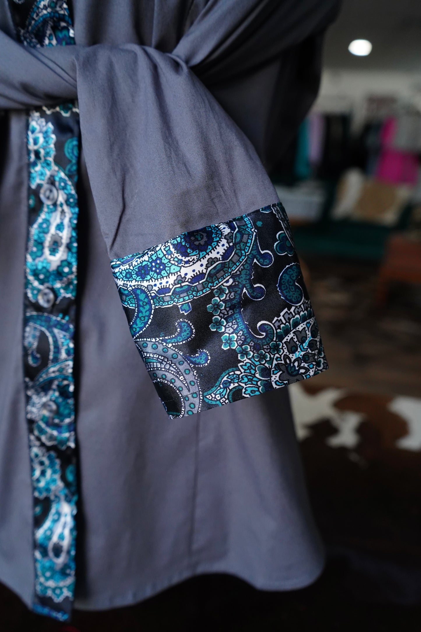 XL - Teal & Grey Paisley on Gray Cotton Button Down
