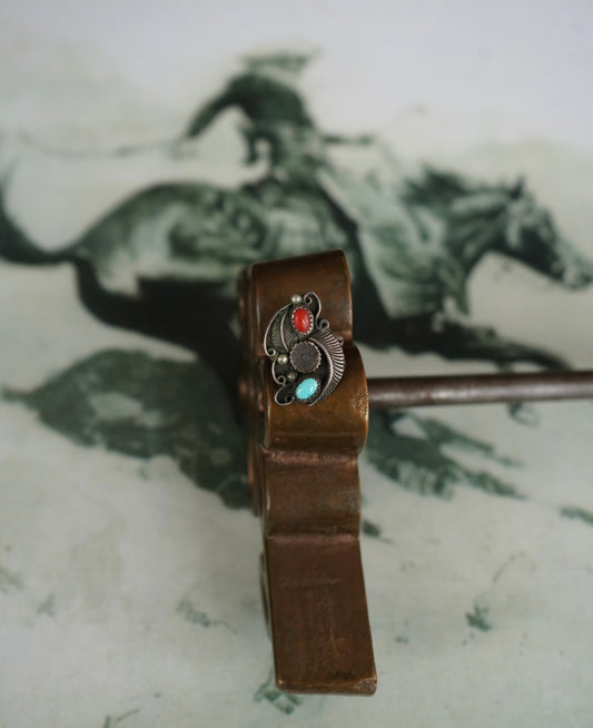 Vintage Turquoise & Red Coral Leaf Ring - Sz 7