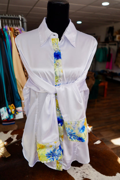 3XL - Watercolor Daises & Cornflowers on White Satin Button Down