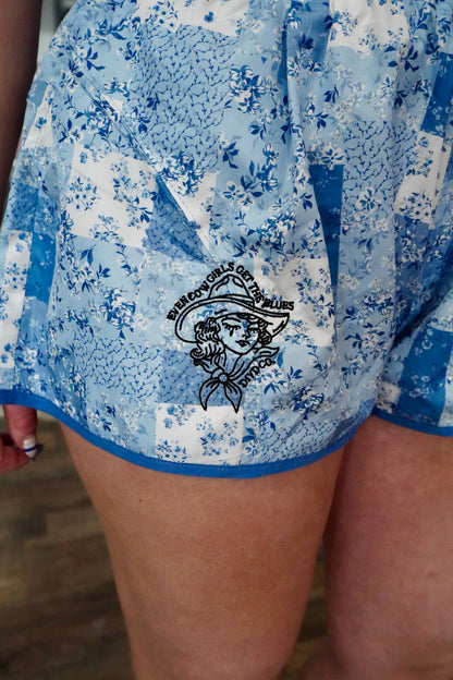 Cowgirls Cry Blue Floral Patch Work Shorts