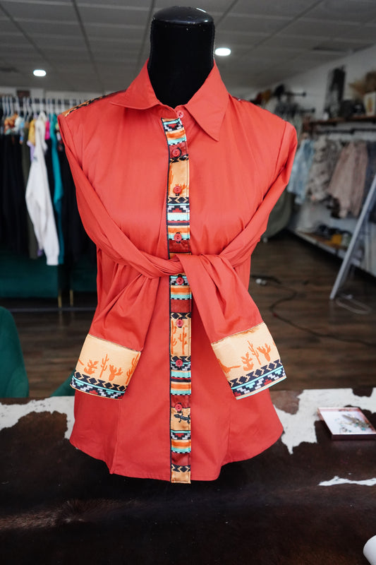 XL - Gecko Stripe on Rust Red Cotton Button Down