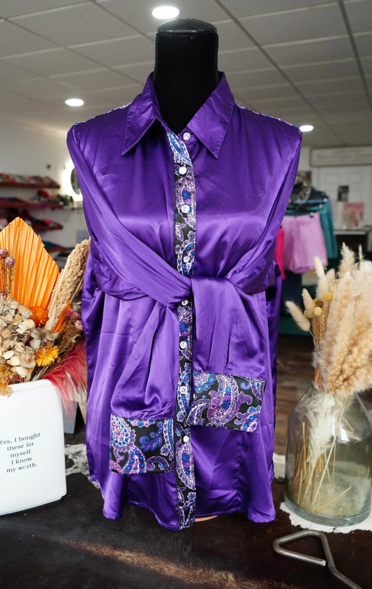 3XL - Purple Satin w/ Black & Purple Paisley Button Down
