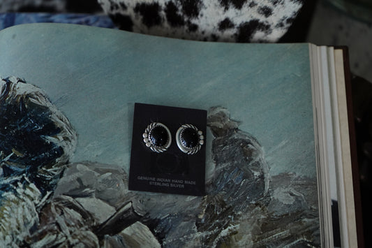 Round Vintage Black Onyx Clip On Earrings