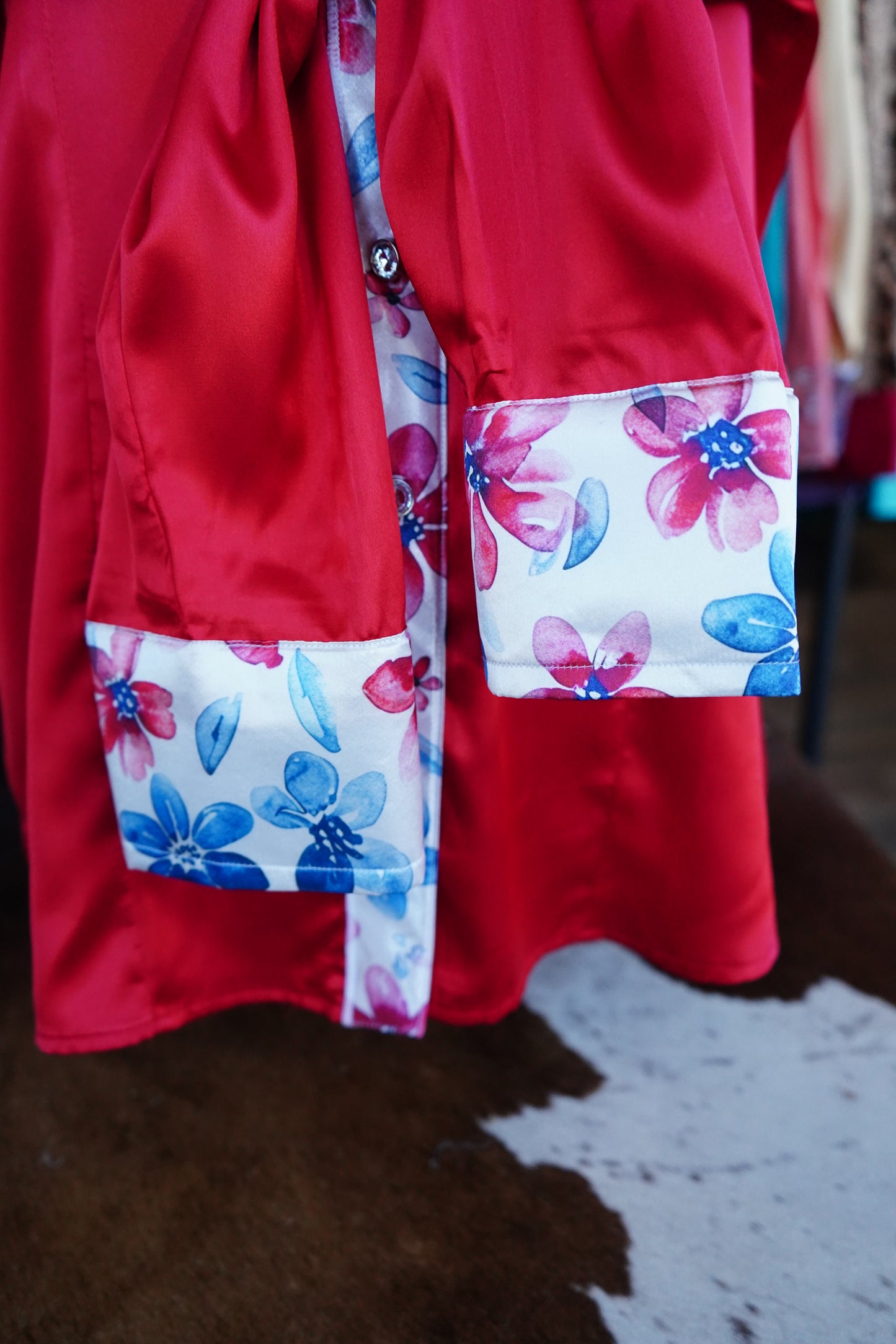 2XL - Patriotic Flowers on Red Satin Button Down