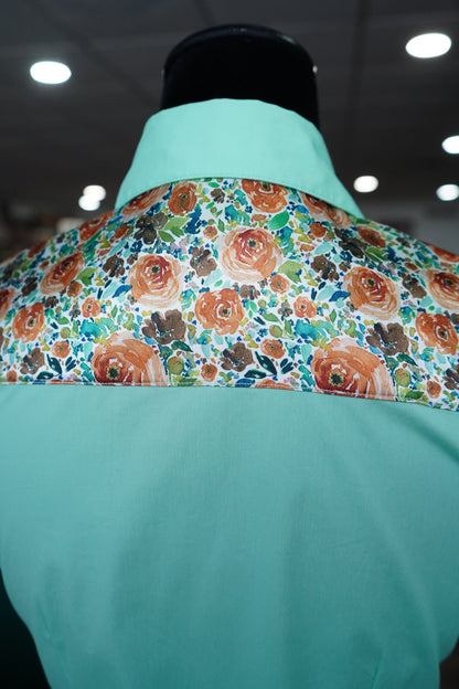 S - Rust Flowers on Mint Cotton Button Down