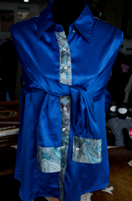 2XL - Gray Boho Paisley on Blue Satin Button Down