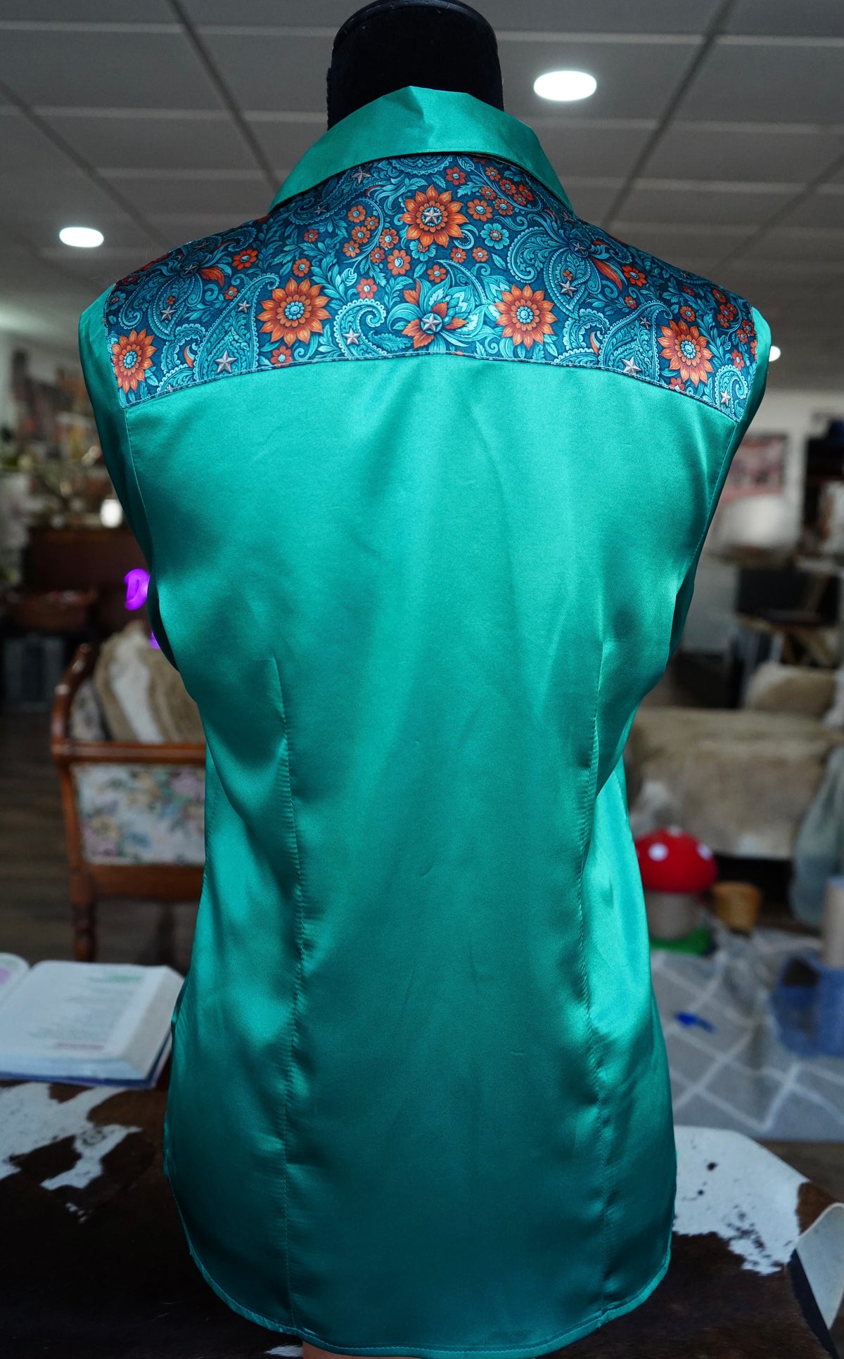 M - Teal & Rust Floral Paisley on Emerald Satin Button Down