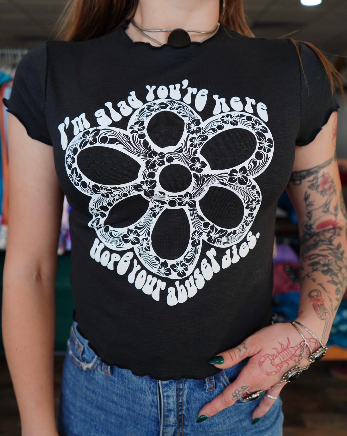 Hope Daisy - Black Cotton Modal Slub Lettuce Trim Crop Top