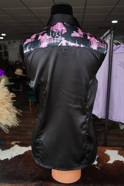 L - Pink Cowgirl Scene on Black Button Down
