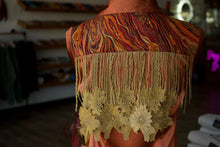 Load image into Gallery viewer, S - Maroon Peacock Waves w/ Gold Floral Fringe on Rust Button Down