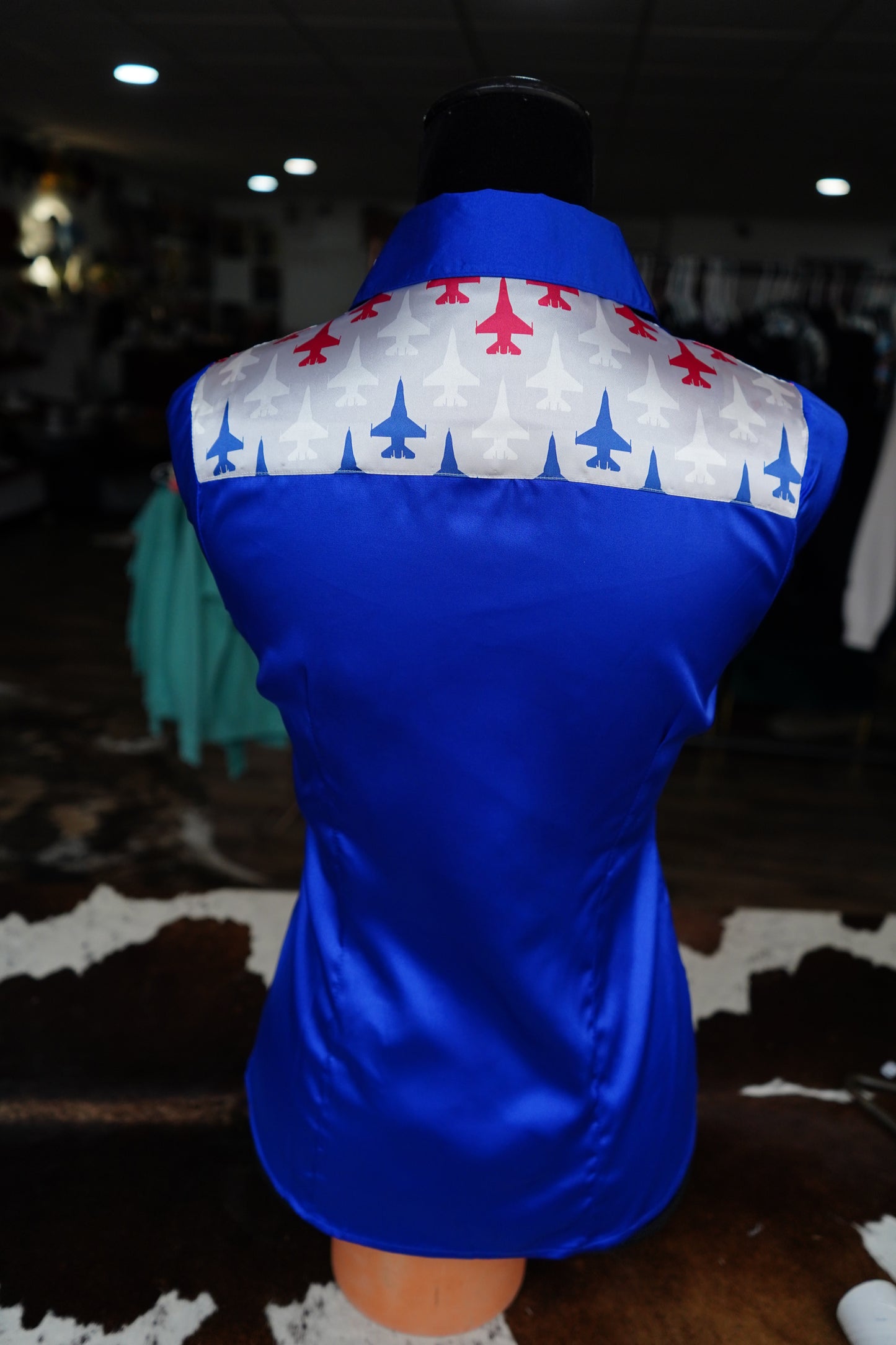 S - Military Planes on Royal Blue Satin Button Down