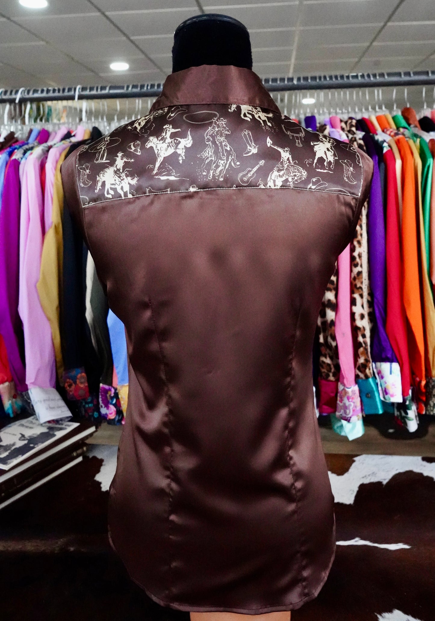 S - Brown Cowboy Sketches on Brown Satin Button Down