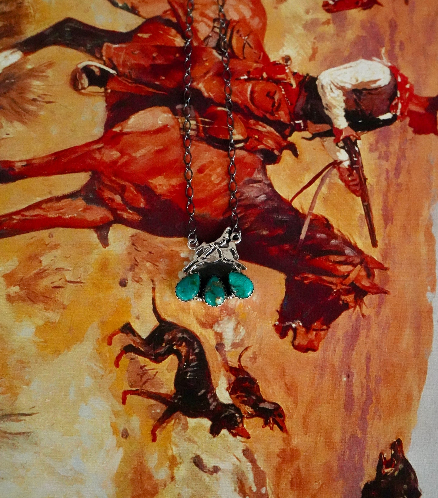 3 Stone Turquoise Teardrop Bucking Horse Necklace