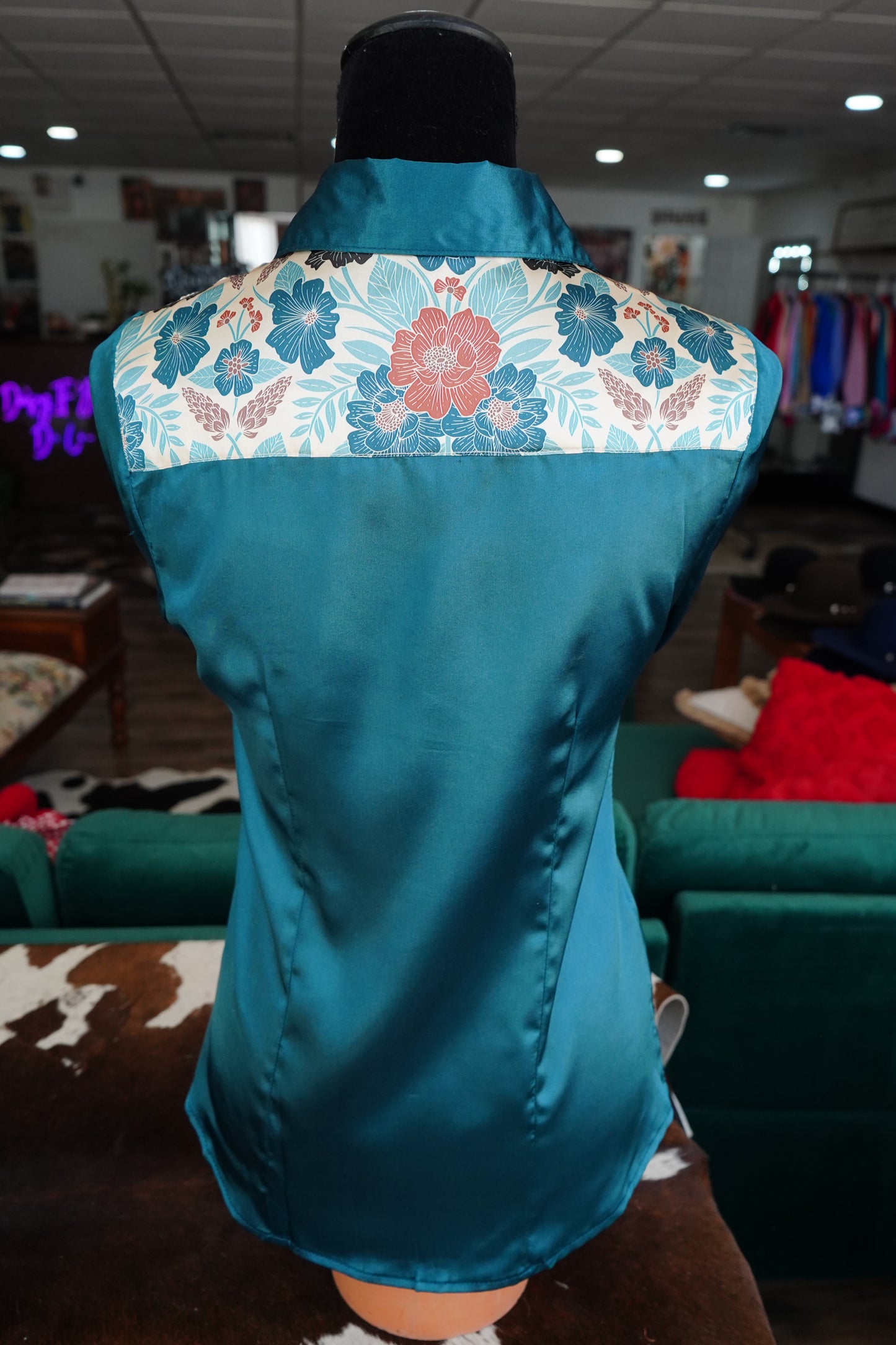 S - Rust & Teal Floral on Teal Satin Button Down