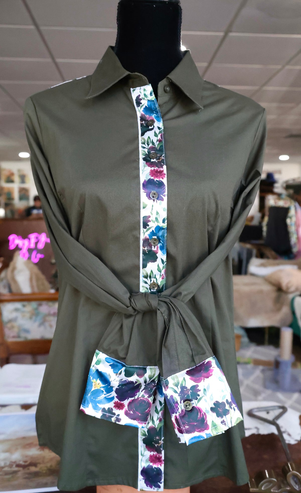 XL - Plum Floral on Olive Cotton Button Down