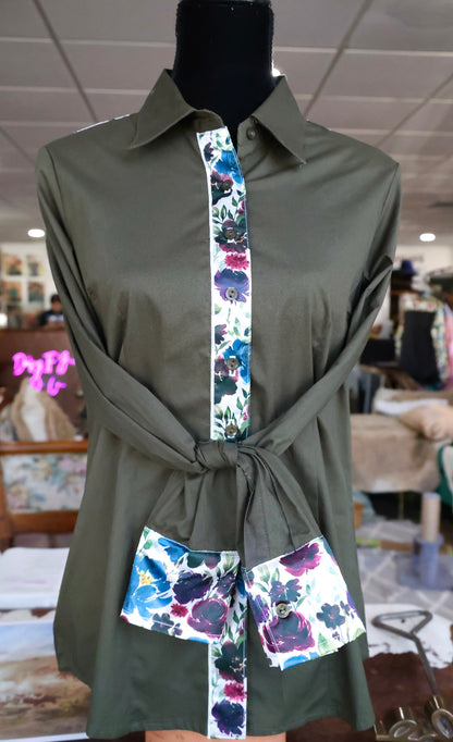 XL - Plum Floral on Olive Cotton Button Down