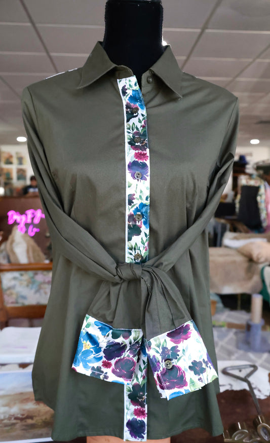 XL - Plum Floral on Olive Cotton Button Down