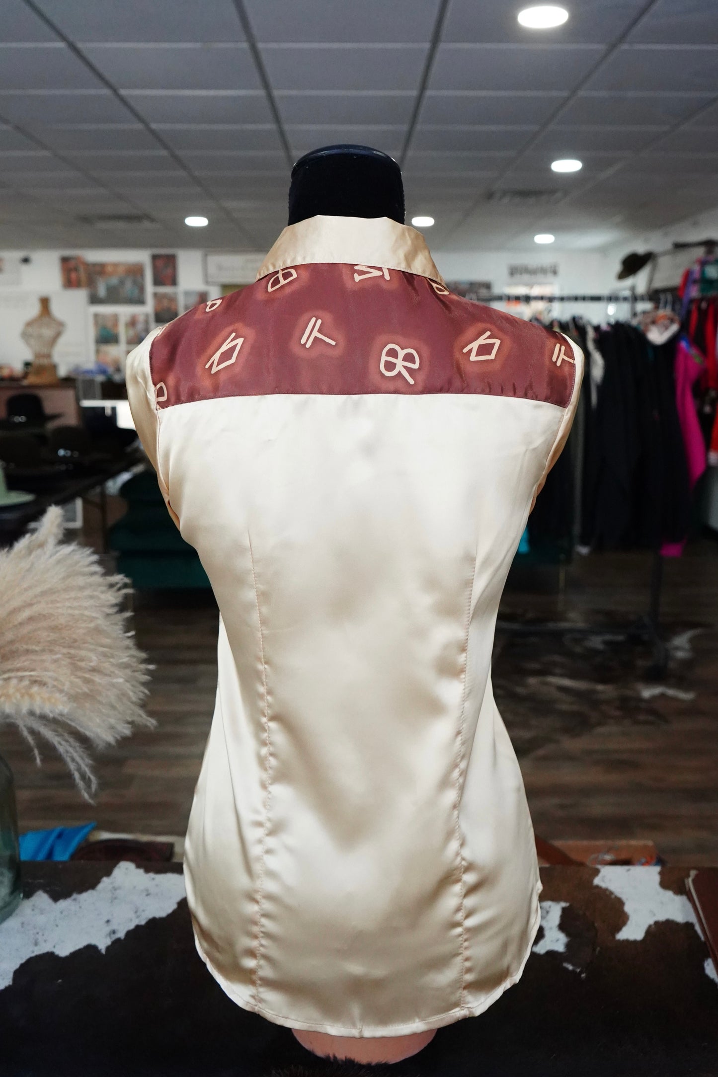 S - Cream Brands on Gold Satin Button Down