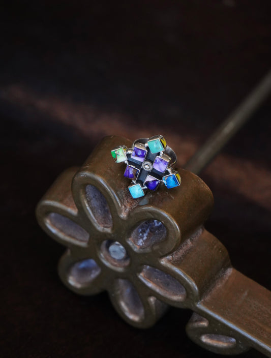 Turquoise & Dahlia Multi-Stone Ring Cluster Ring - Sz 8