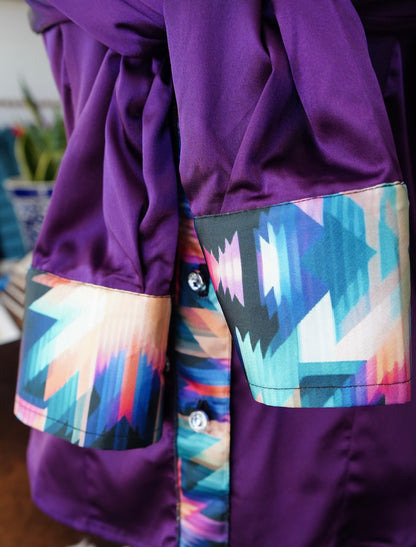 S - Kaleidescope on Purple Satin Button Down