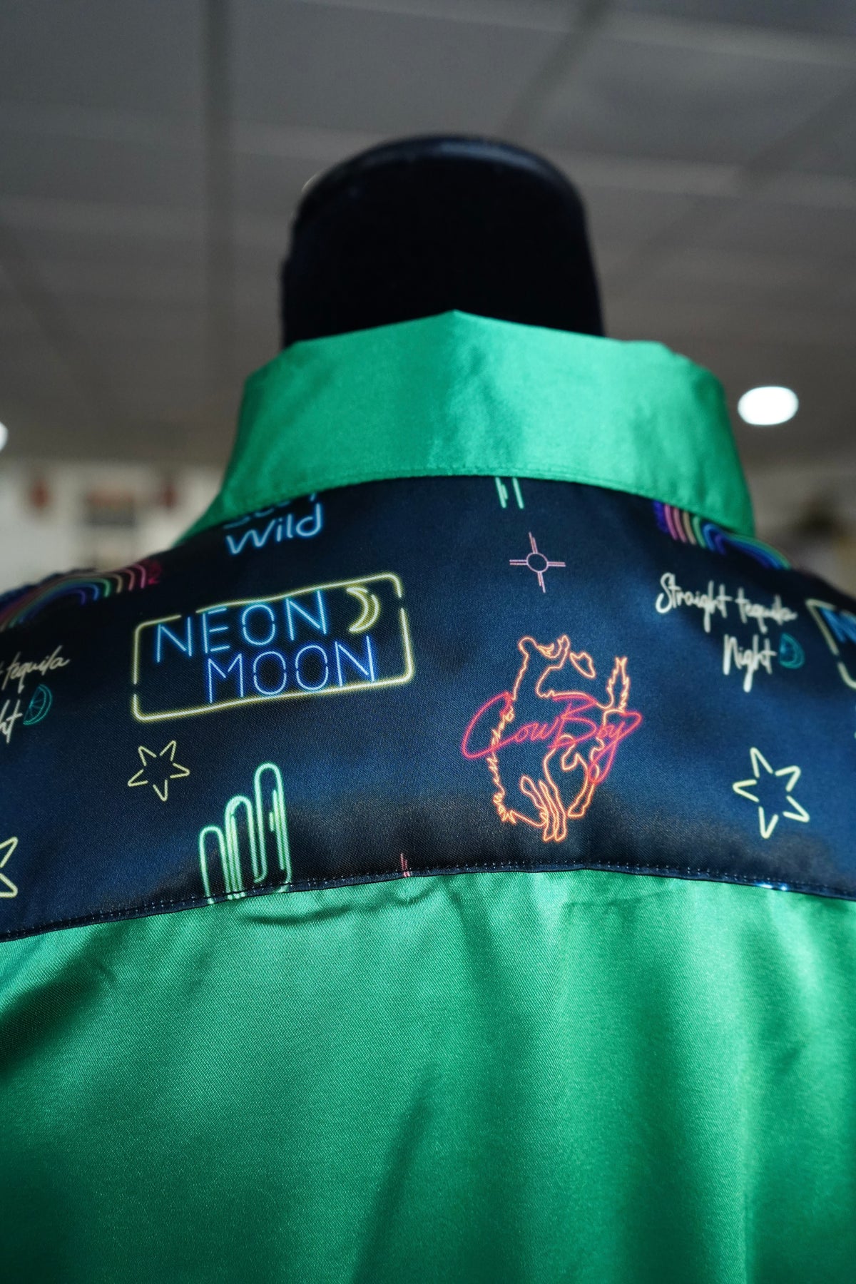 M - Neon Moon on Kelly Green Satin Button Down
