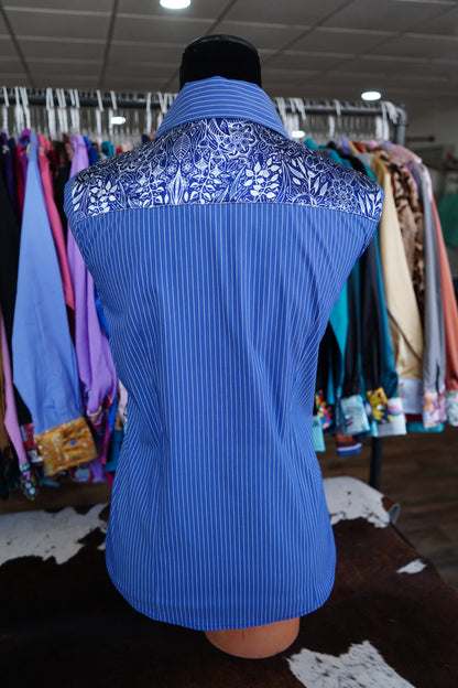 M - Indigo Bohemian on Denim Stripe Cotton Button Down