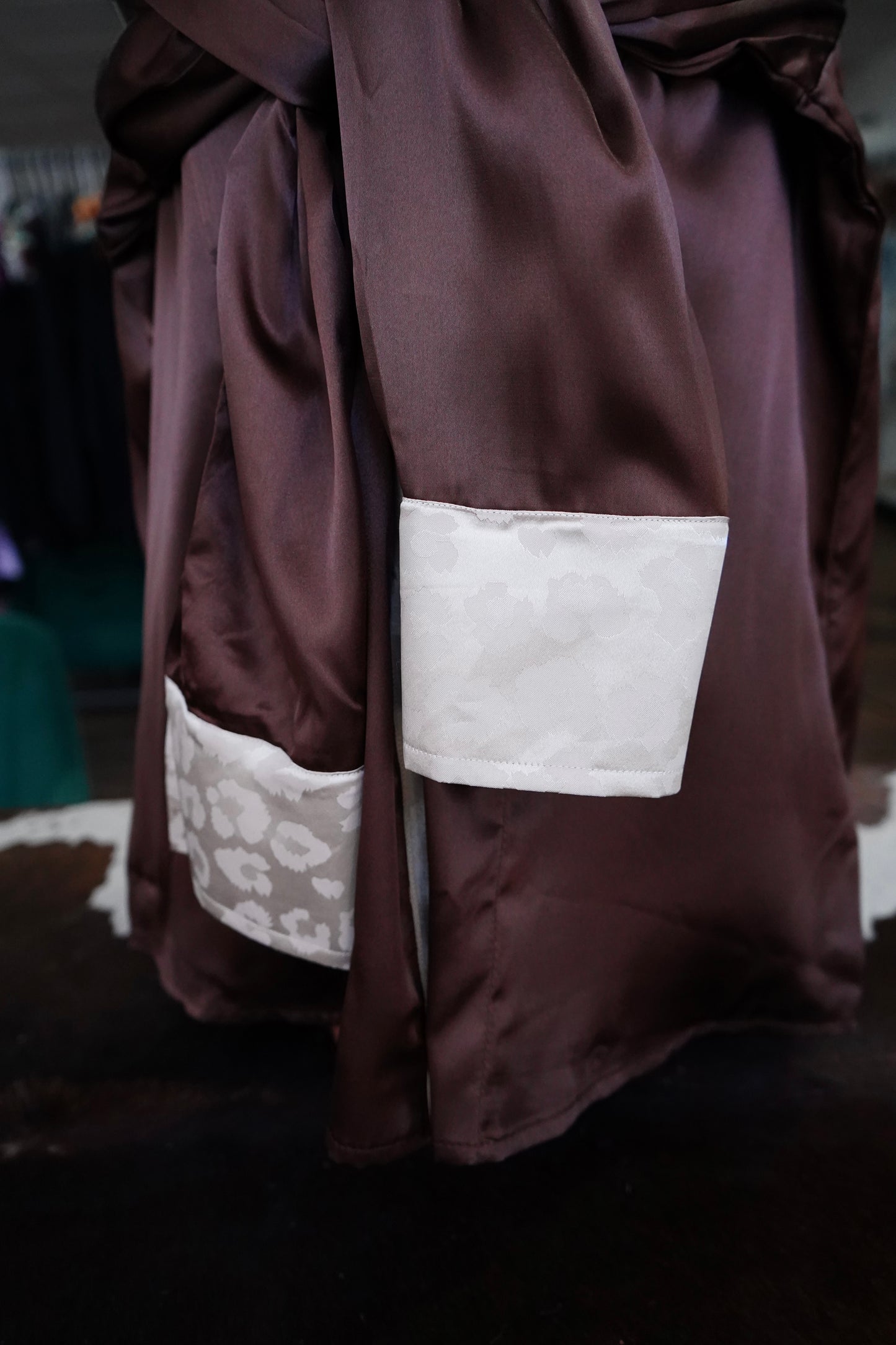 3XL - Cream Jacquard Cheetah on Brown Satin Button Down