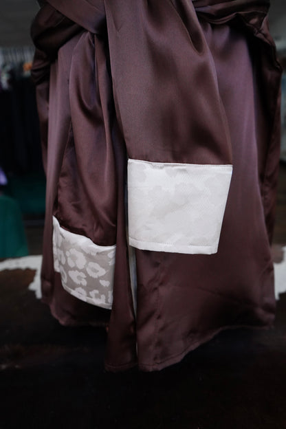 3XL - Cream Jacquard Cheetah on Brown Satin Button Down