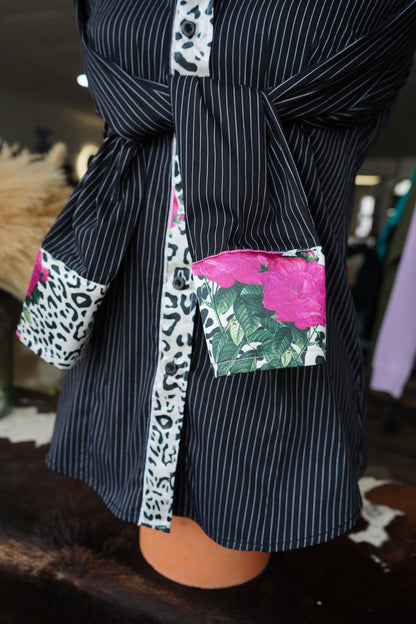 M - Pink Roses & Snow Leopard on B/W Stripe Cotton Button Down