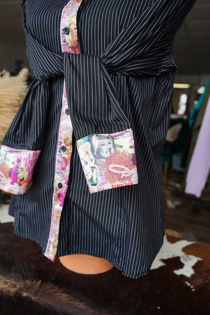 XL - Dolly on B/W Stripe Cotton Button Down