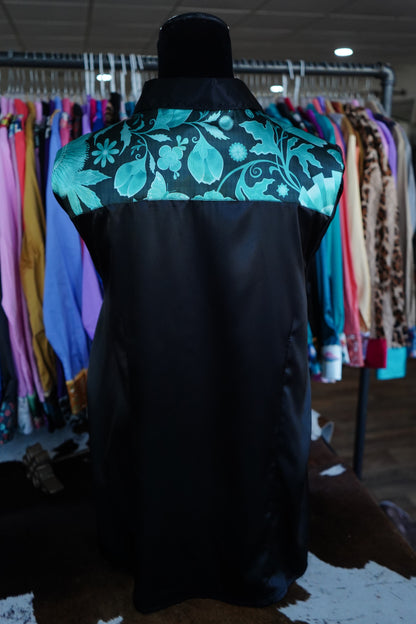 3XL - Turquoise Floral Paisley on Black Satin Button Down