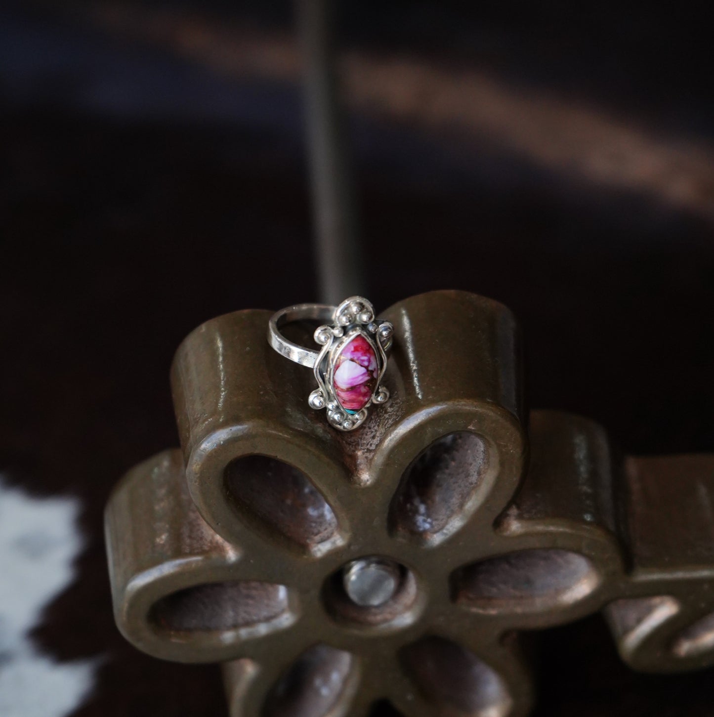 Pink Dahlia w/ Silver Beads Ring - Adj