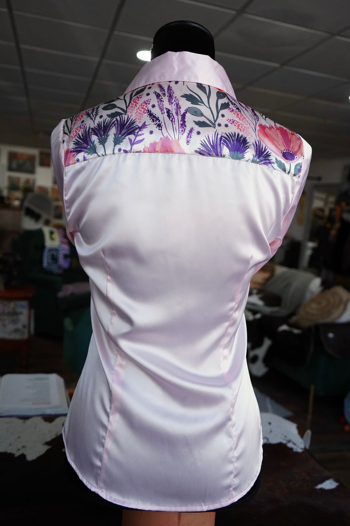 S - Plum & Coral Floral on Light Pink Satin Button Down
