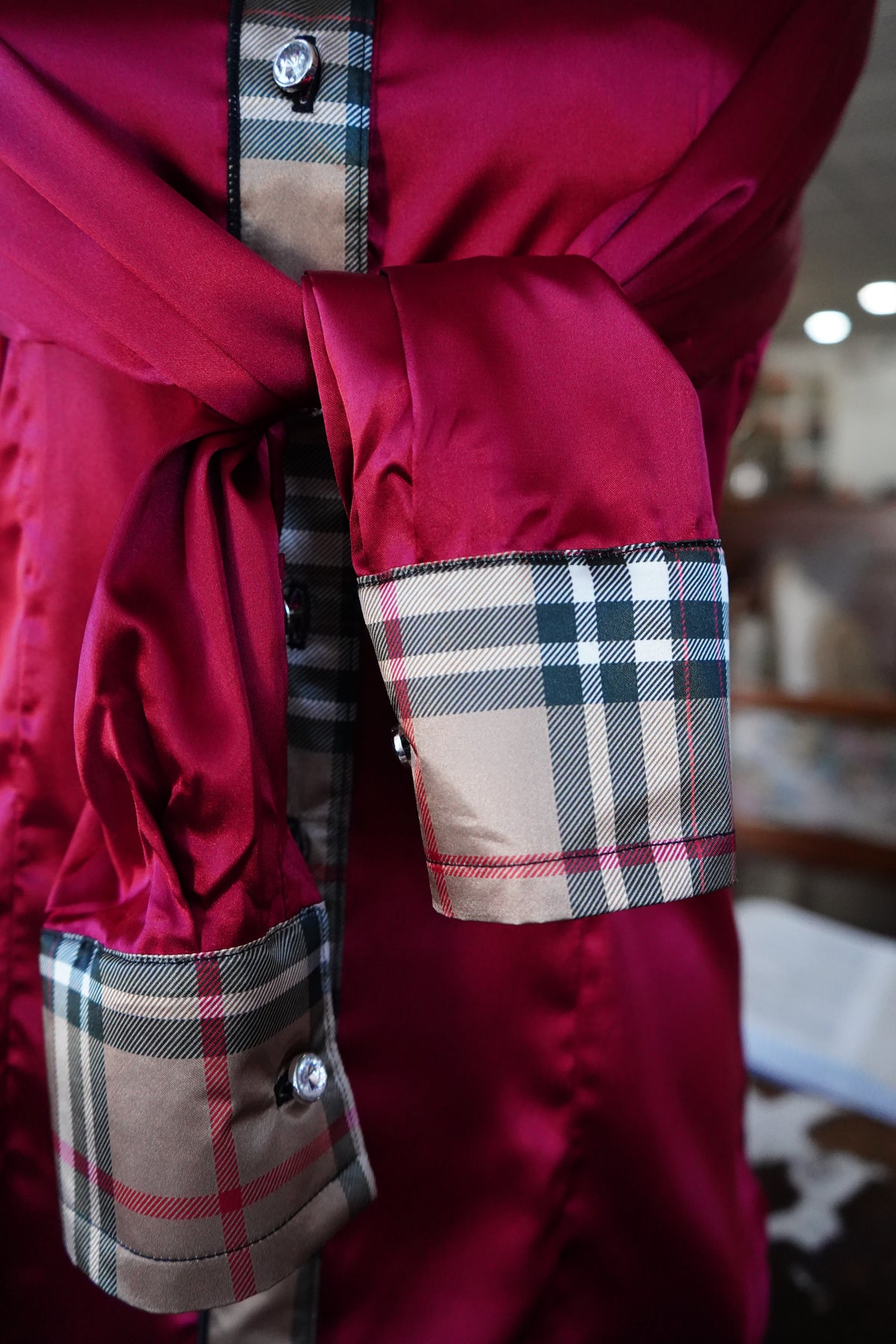 M - Tan & Black Plaid on Red Satin Button Down