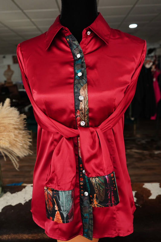 M - Multi Color Feathers on Burgundy Satin Button Down