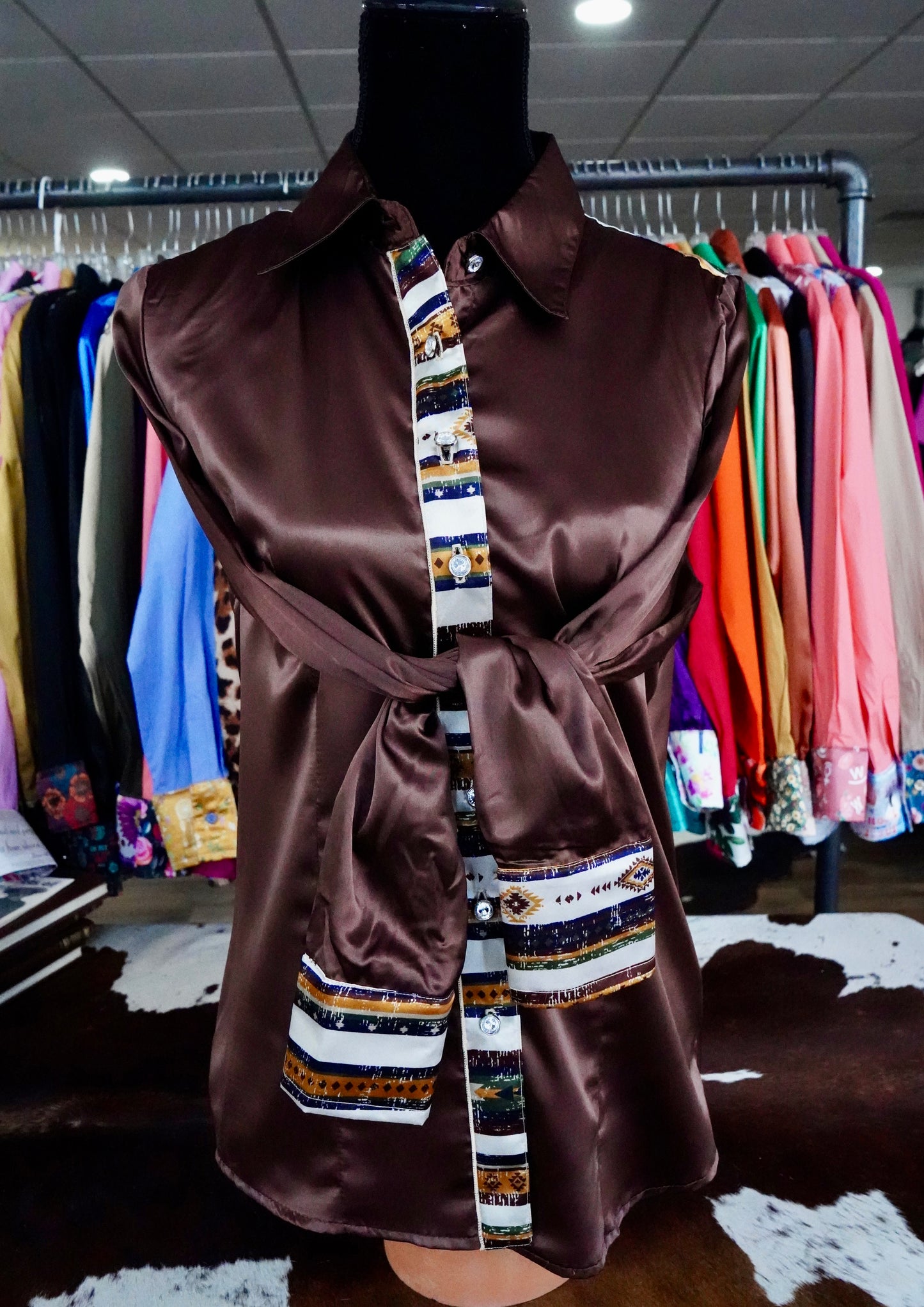 L - Withered Native Stripe on Brown Satin Button Down