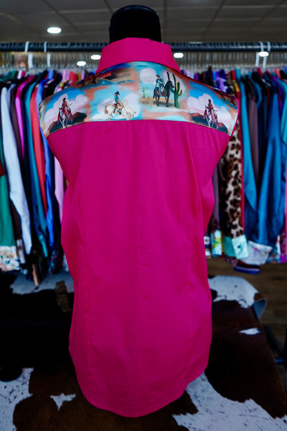 XL - Painted Cowboys on Hot Pink Cotton Button Down