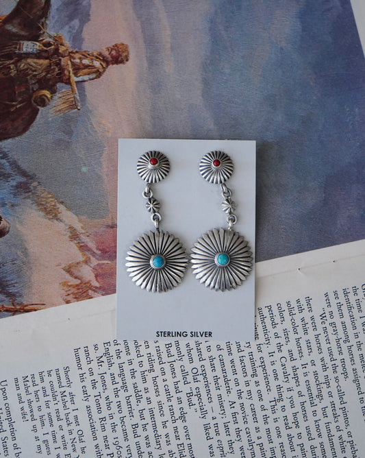 Verley Betone Zuni Turquoise & Red Coral Dangly Concho Stud Earrings