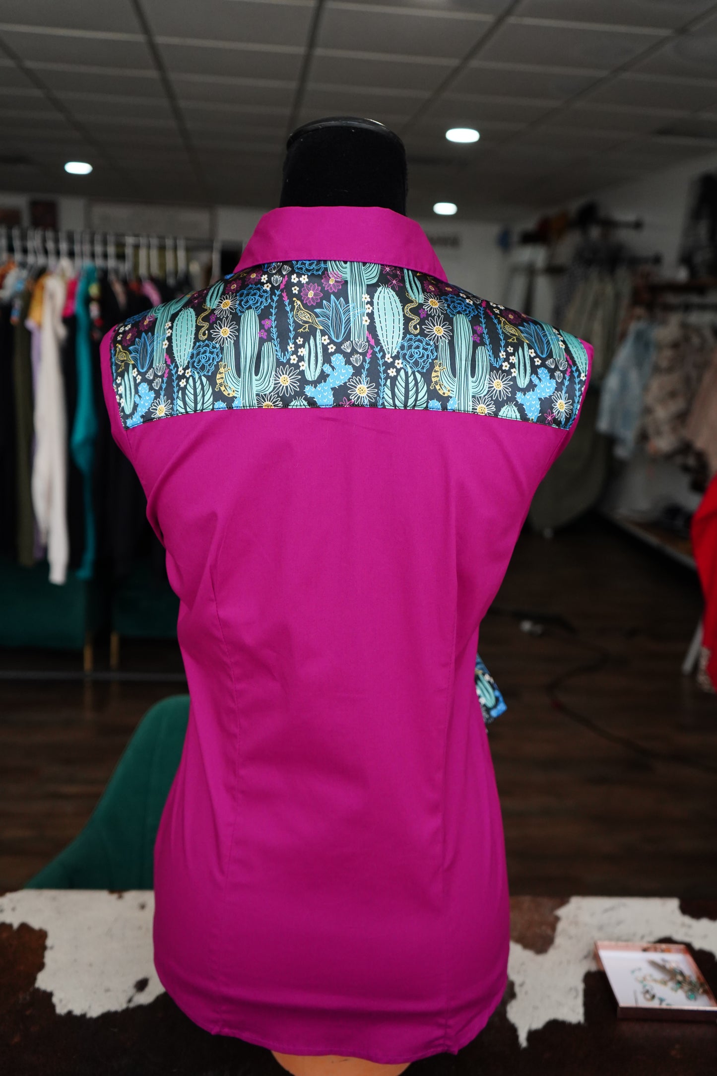 M - Magenta & Turquoise Cactus on Magenta Cotton Button Down