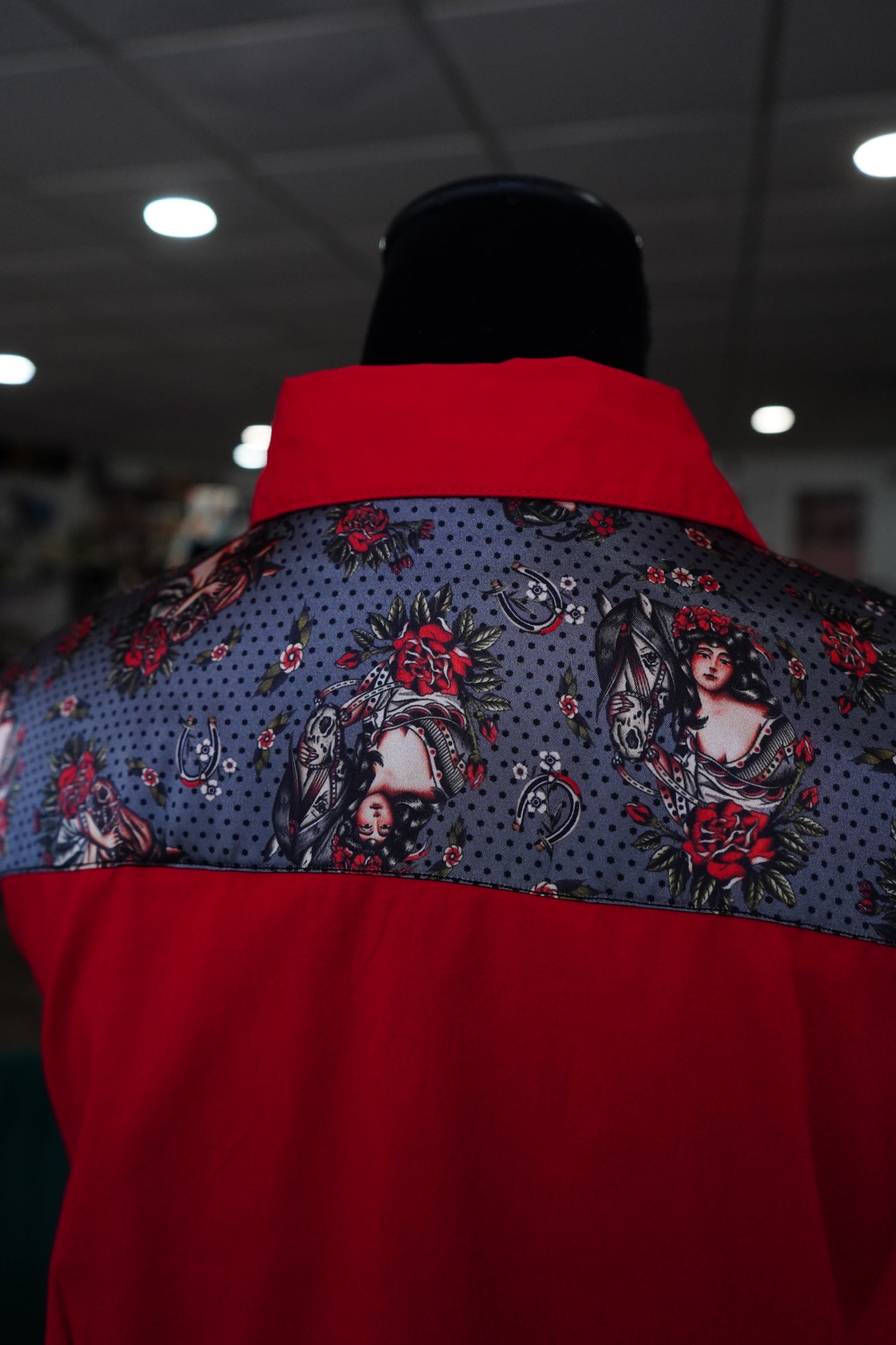 2XL - Gray Traditional Cowgirl on Red Cotton Button Down