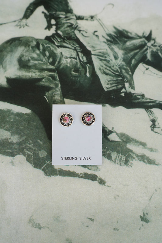 Round Sunburst Pink Dahlia Stud Earrings