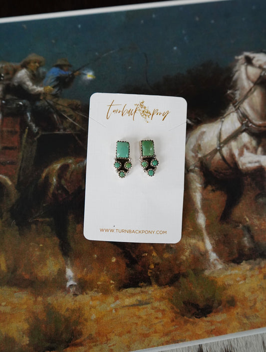 TBP Turquoise Square w/ 3 Stone Cluster Stud Earrings