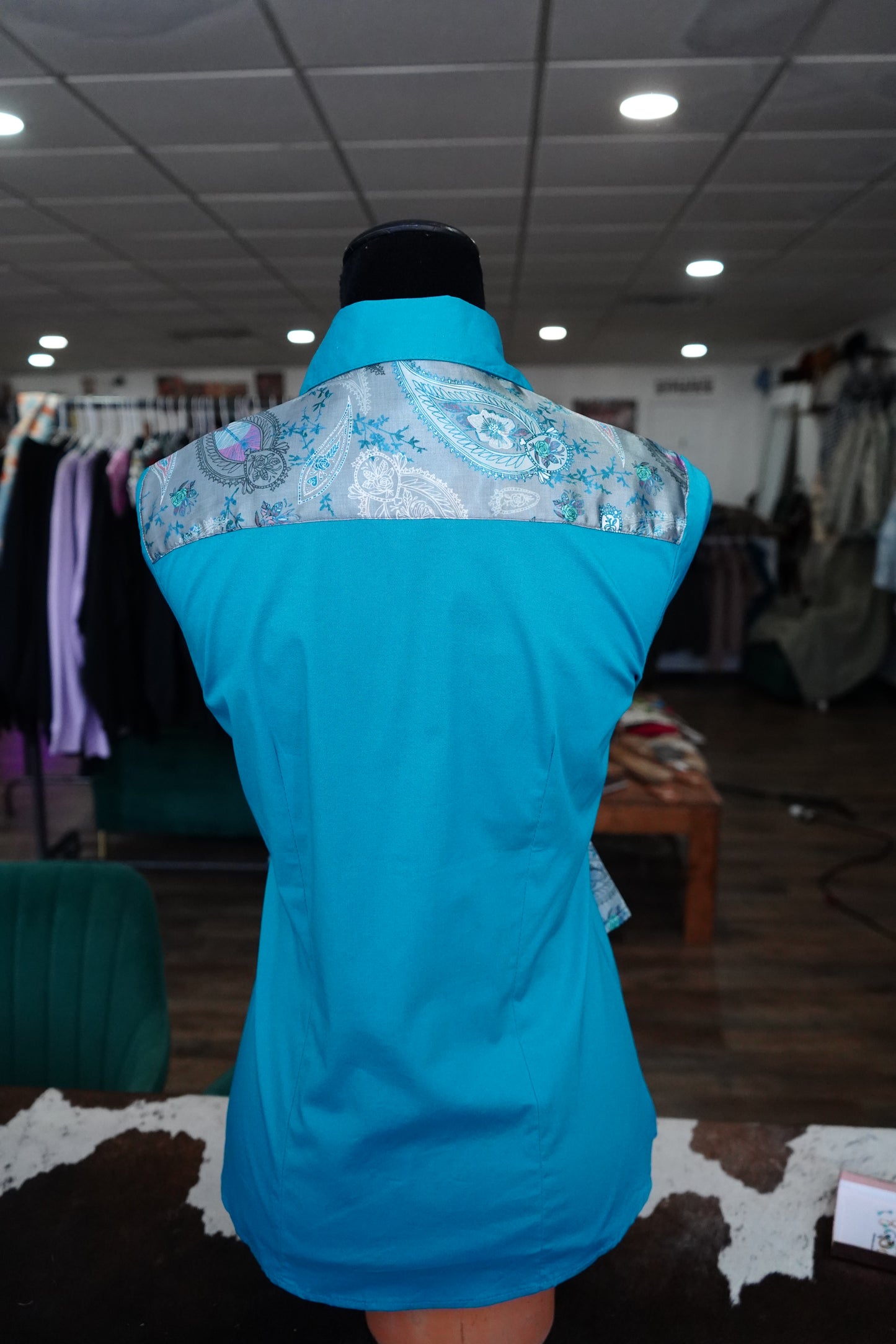 M - Gray Boho Paisley on Teal Cotton Button Down