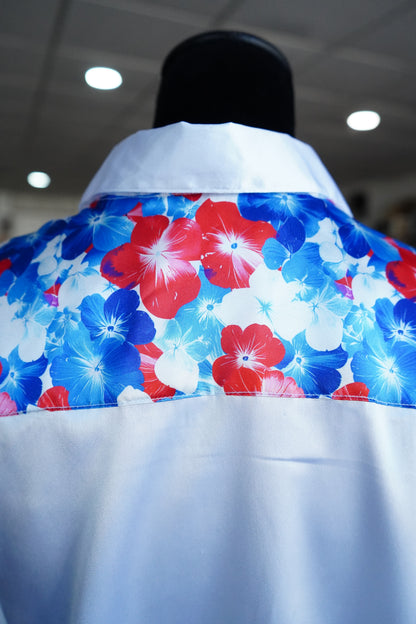 XL - Patriotic Hawaiian Floral on White Satin Button Down