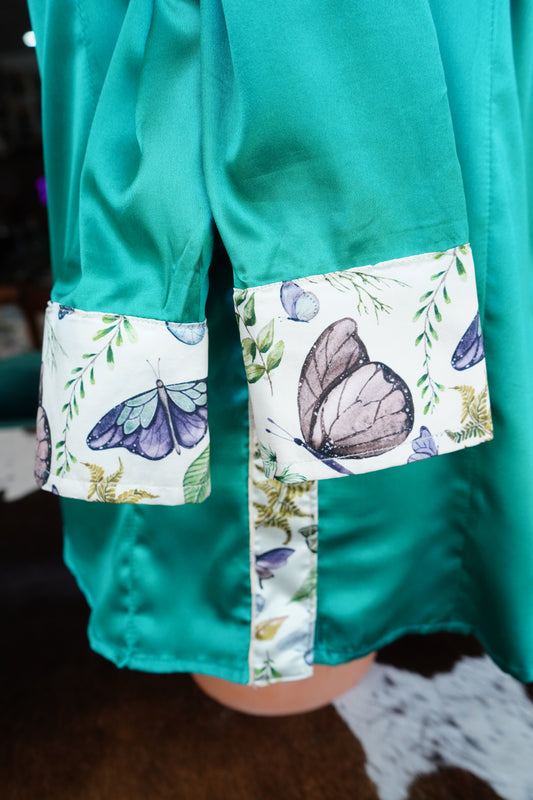 M - Butterflies & Leaves on Emerald Satin Button Down
