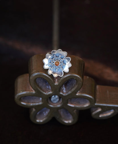 Turquoise & Opal Silver Flower Rings - Adj