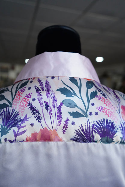 S - Plum & Coral Floral on Light Pink Satin Button Down